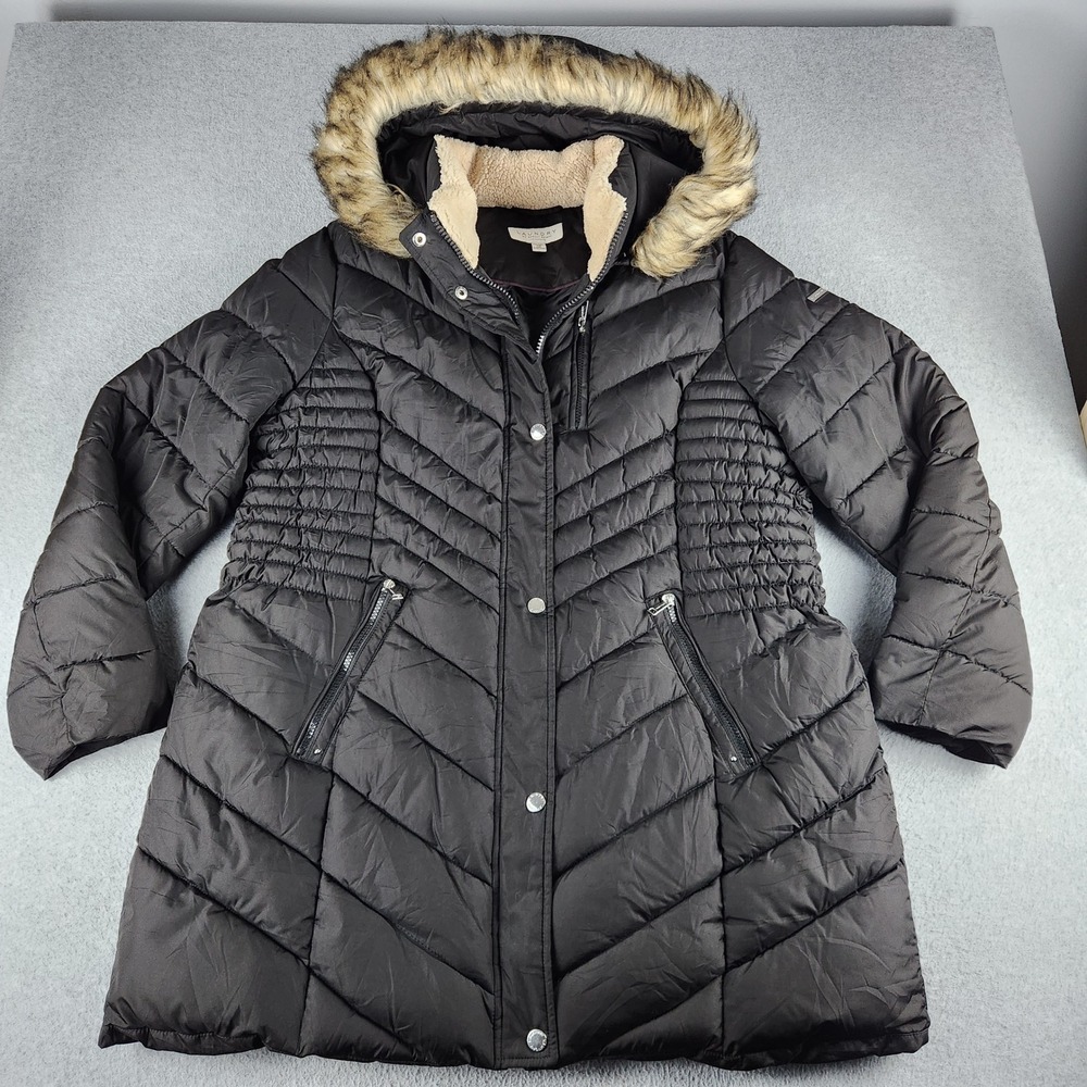 Laundry By Shelli Segal Puffer Coat Womens XXL Black Faux Fur Hood Snap Full Zip
